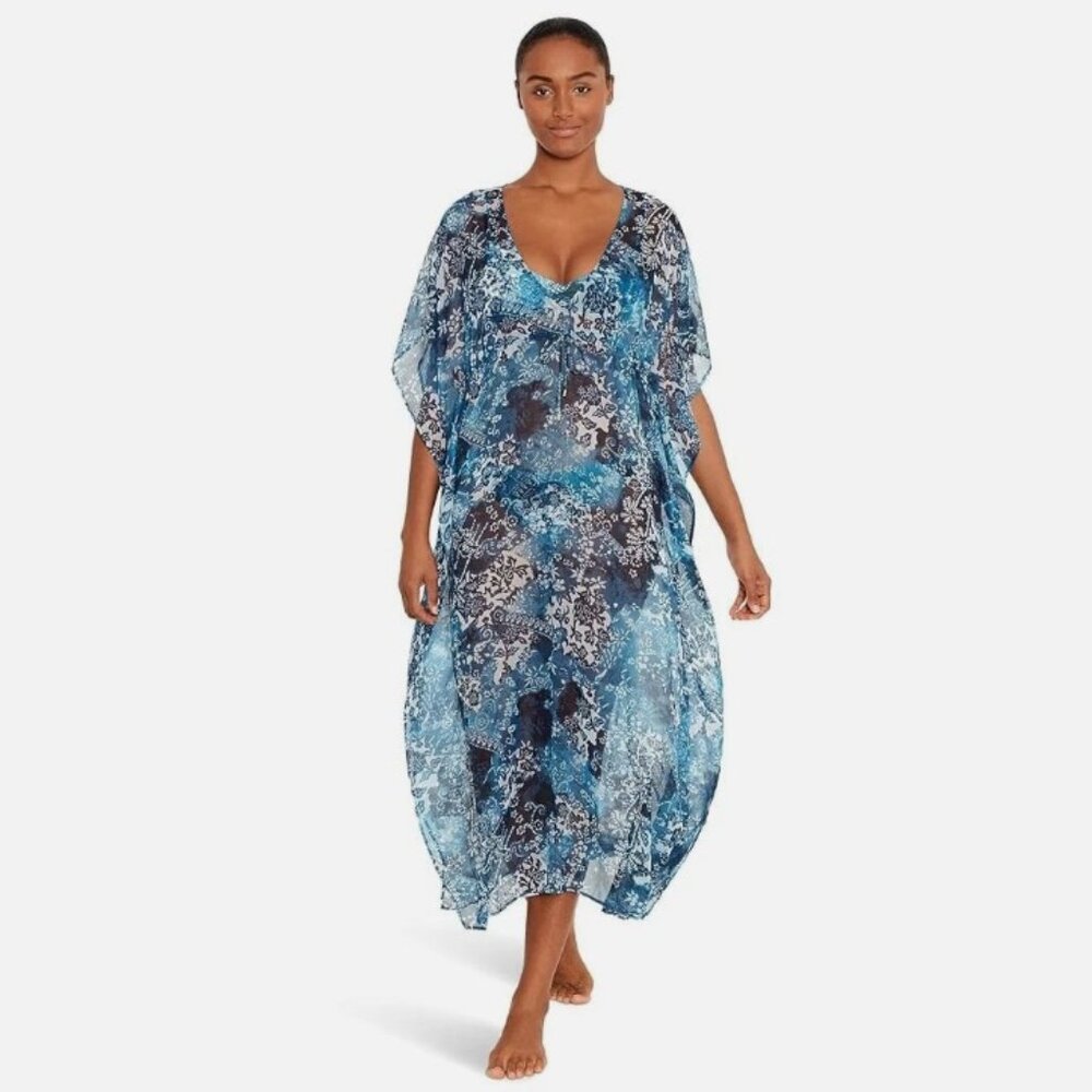 L Ralph Lauren Cover Up‎ Womens XS Blue Floral Beach Patchwork Midi Caftan Swim